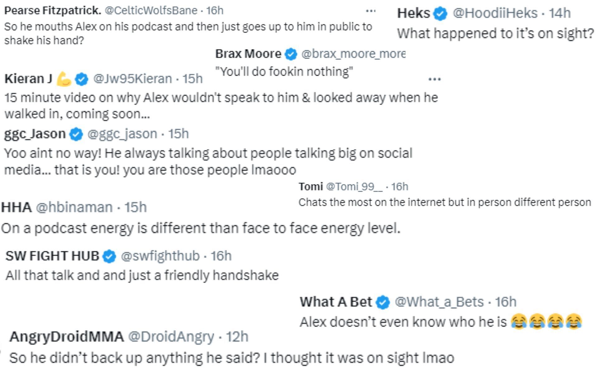 Screenshot of fan reactions to Jamahal Hill's interaction with Pereira